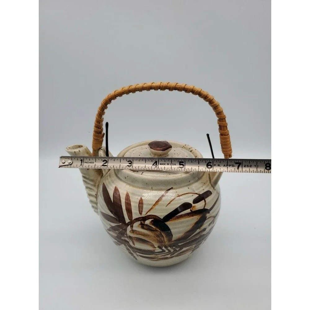 Vintage Japan Ceramic Stoneware Teapot with Wicker Bamboo Handle Asian